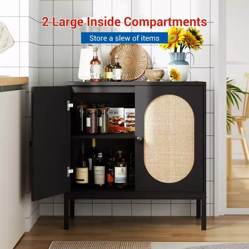 Buffet en rotin et bois massif de 80 cm avec étagères réglables et 2 portes