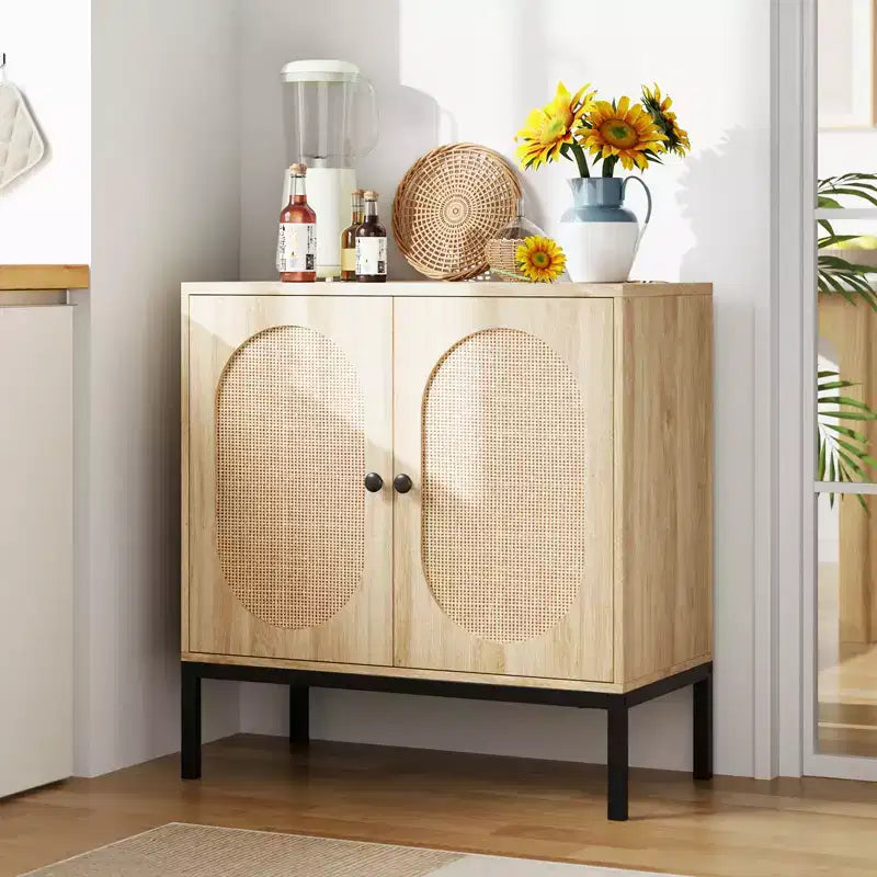 Buffet en rotin et bois massif de 80 cm avec étagères réglables et 2 portes