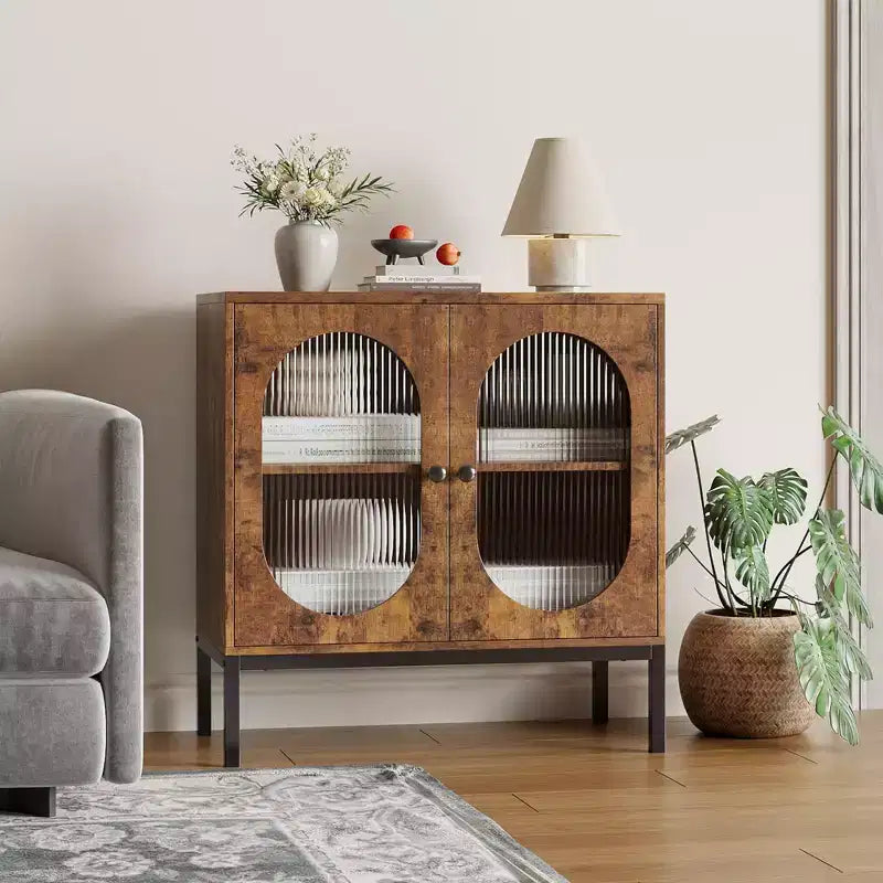 Buffet en rotin et bois massif de 80 cm avec étagères réglables et 2 portes