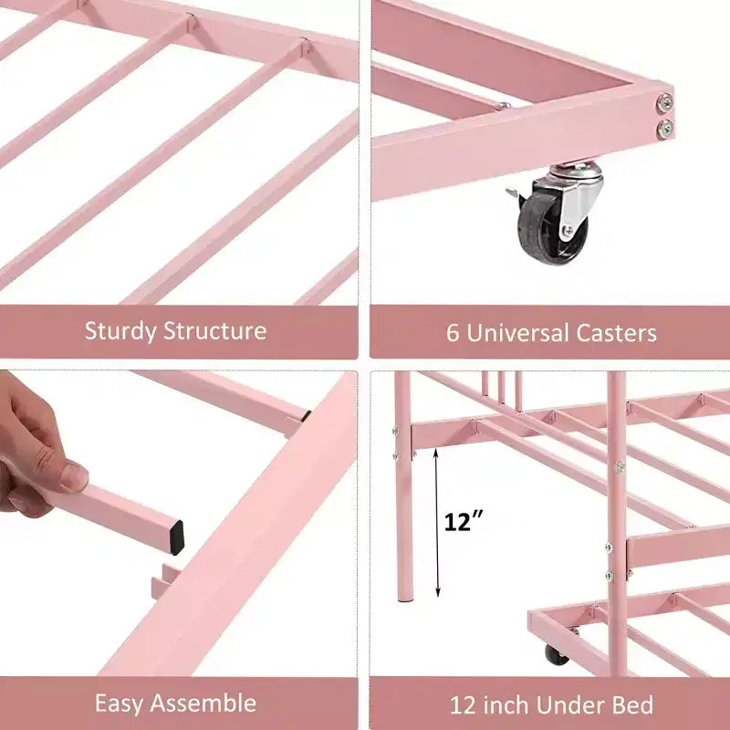 Lit de repos double en métal avec lit gigogne escamotable de 78,8" et 6 roulettes