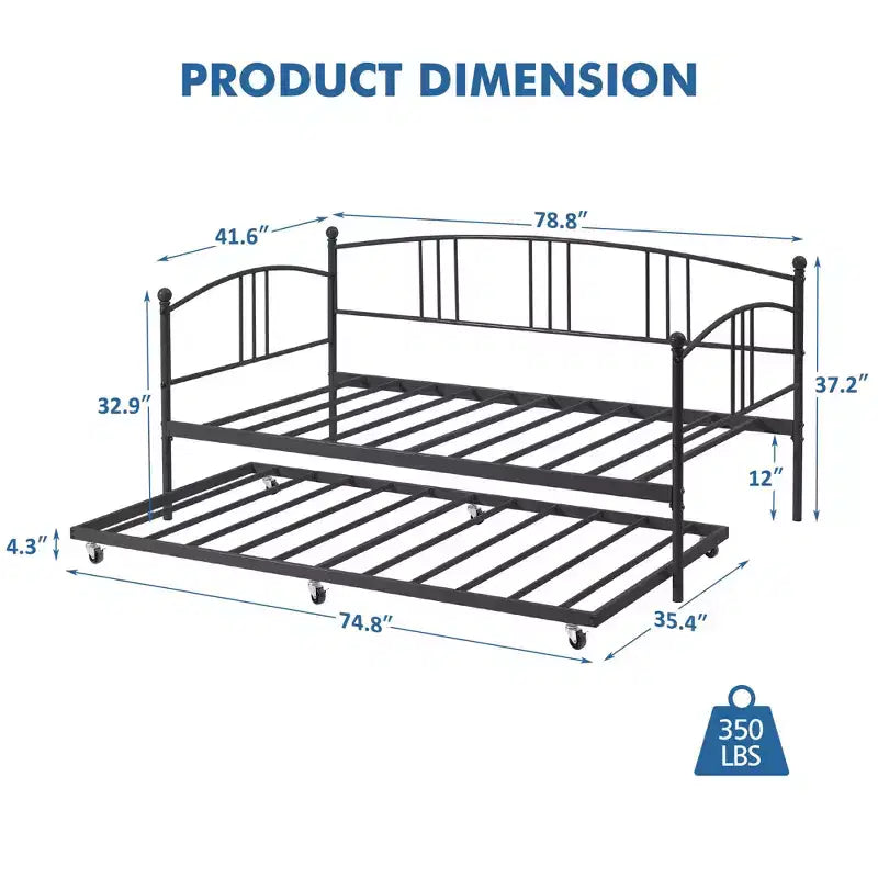 Lit de repos double en métal avec lit gigogne escamotable de 78,8" et 6 roulettes