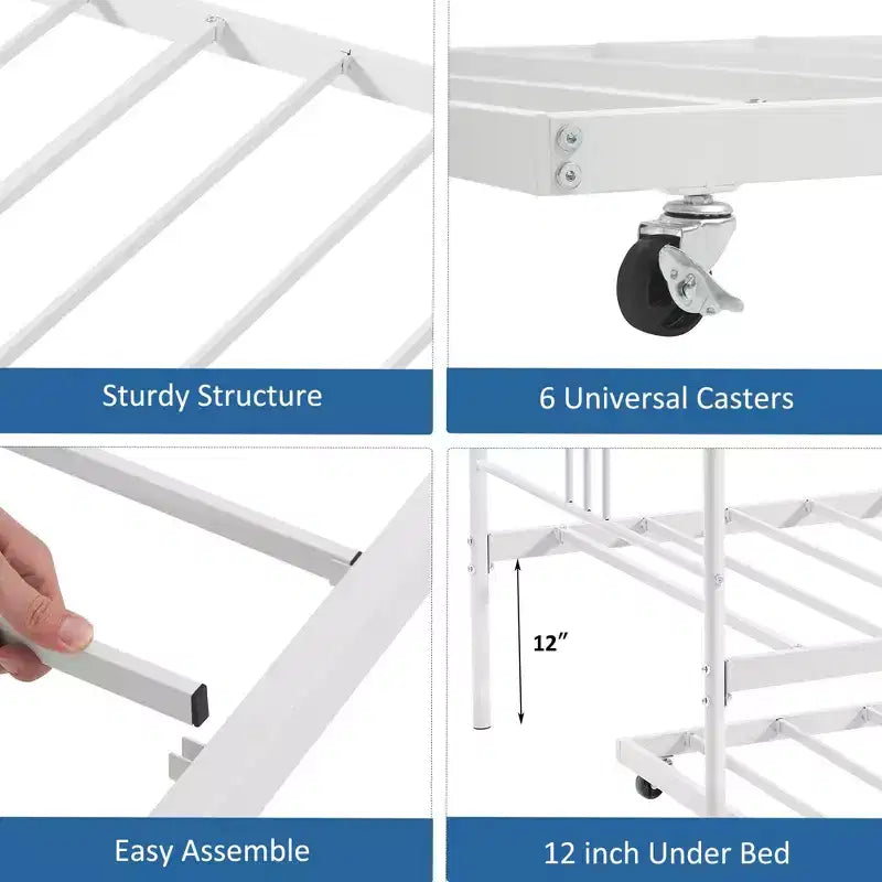 Lit de repos double en métal avec lit gigogne escamotable de 78,8" et 6 roulettes