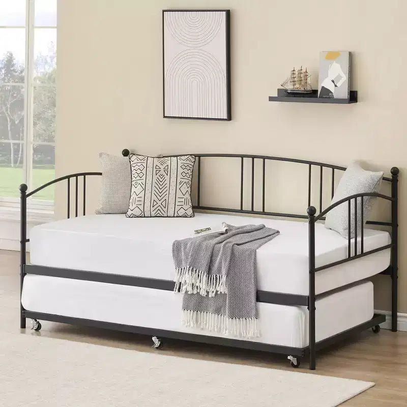 Lit de repos double en métal avec lit gigogne escamotable de 78,8" et 6 roulettes