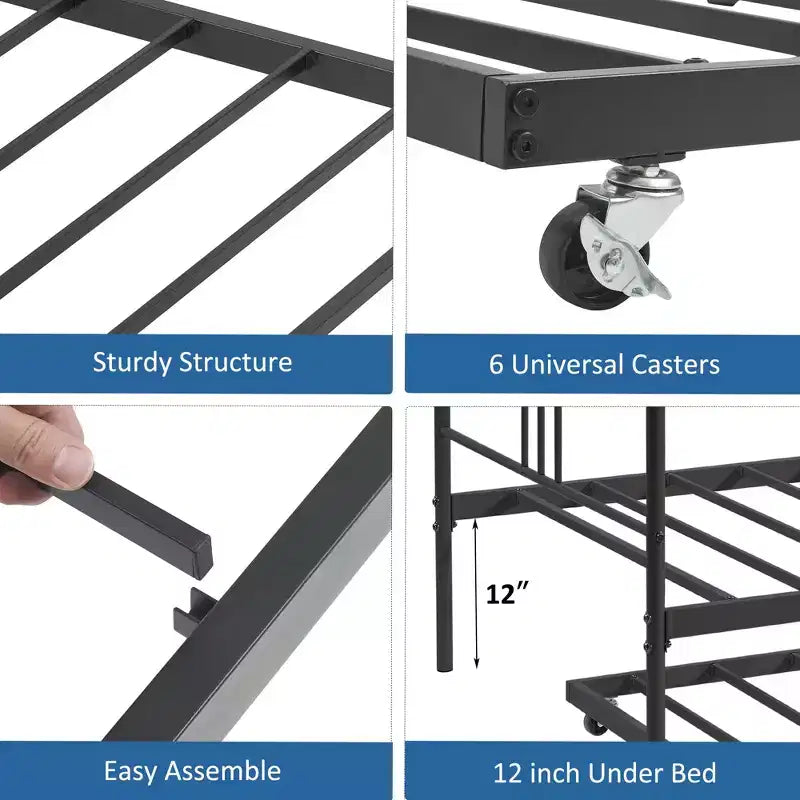 Lit de repos double en métal avec lit gigogne escamotable de 78,8" et 6 roulettes