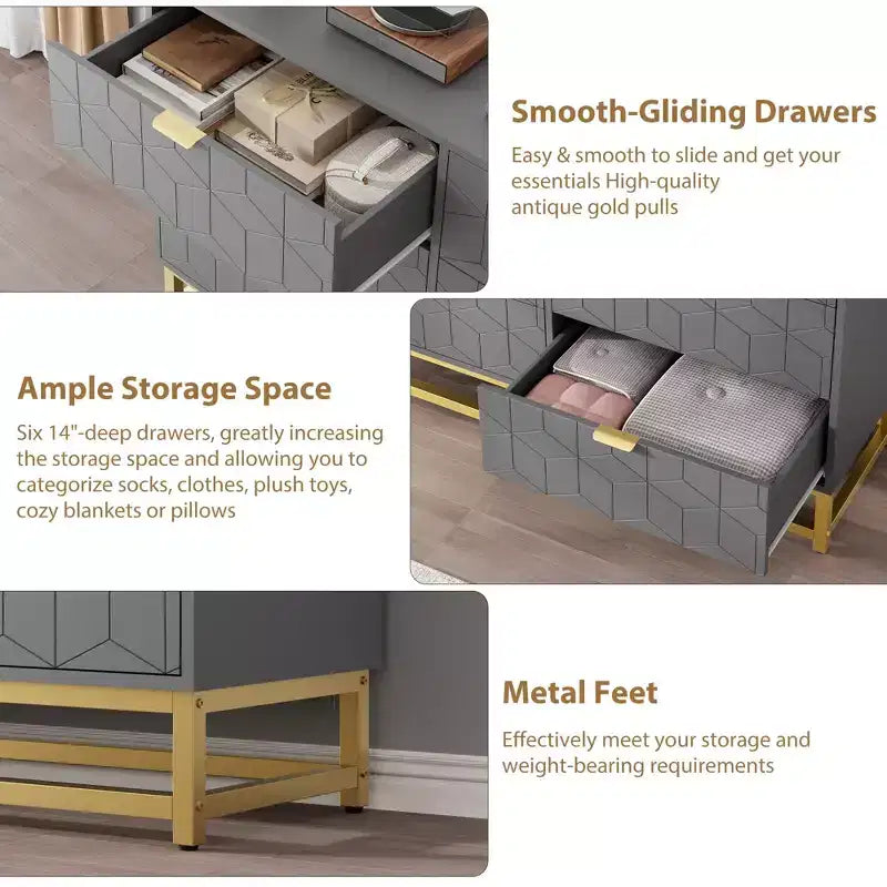 Commode double en bois manufacturé à 6 tiroirs avec poignées dorées
