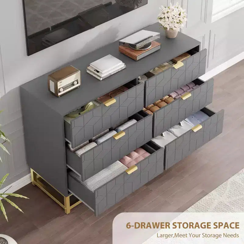 Commode double en bois manufacturé à 6 tiroirs avec poignées dorées
