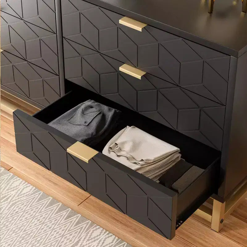 Commode double en bois manufacturé à 6 tiroirs avec poignées dorées