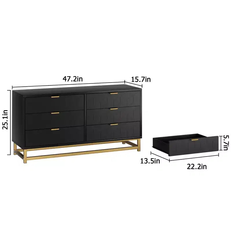 Commode double en bois manufacturé à 6 tiroirs avec poignées dorées