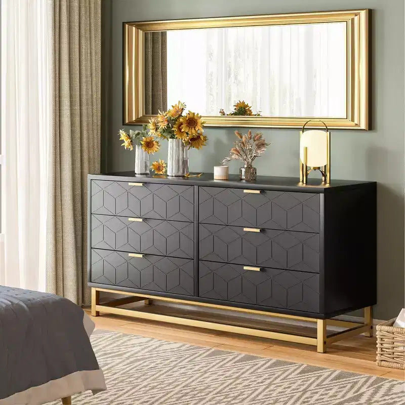Commode double en bois manufacturé à 6 tiroirs avec poignées dorées