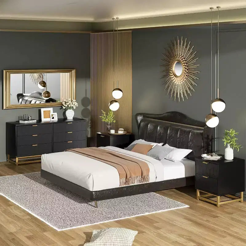 Commode double en bois manufacturé à 6 tiroirs avec poignées dorées