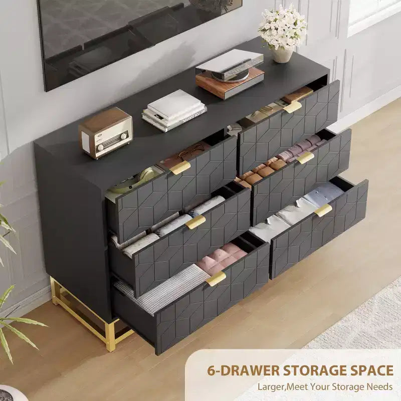 Commode double en bois manufacturé à 6 tiroirs avec poignées dorées