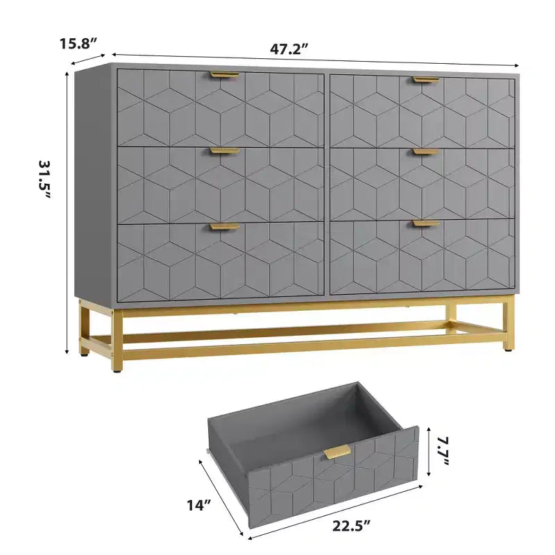 Commode double en bois manufacturé à 6 tiroirs avec poignées dorées