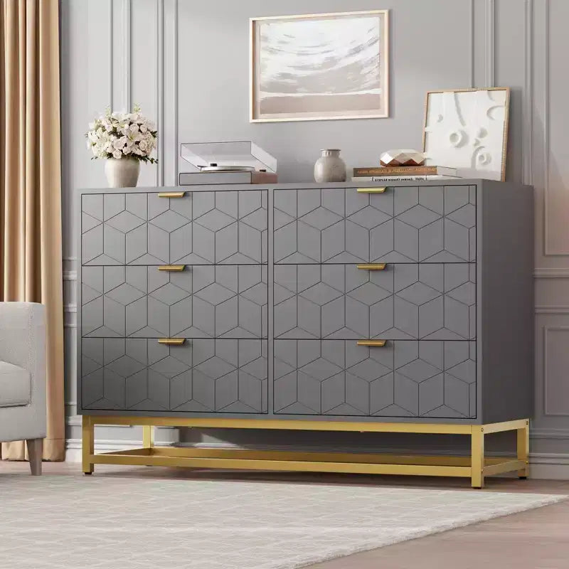 Commode double en bois manufacturé à 6 tiroirs avec poignées dorées