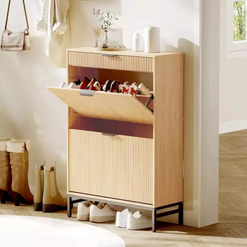 Meuble à chaussures en bois d'ingénierie 133 cm avec 3 tiroirs à abattant