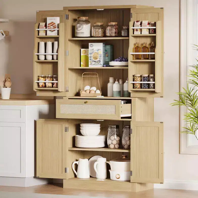 Meuble de rangement en bois de sapin de 70 po avec portes en rotin et tablettes réglables