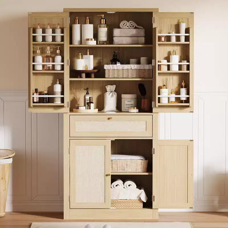 Meuble de rangement en bois de sapin de 70 po avec portes en rotin et tablettes réglables
