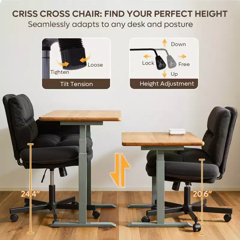 Chaise de bureau à piètement croisé en métal de 97 cm avec accoudoirs relevables et roulettes