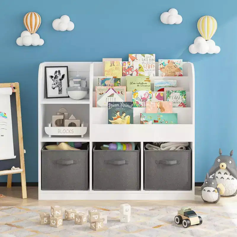 Bibliothèque pour enfants en MDF 92 cm avec 3 tiroirs en tissu et 6 étagères