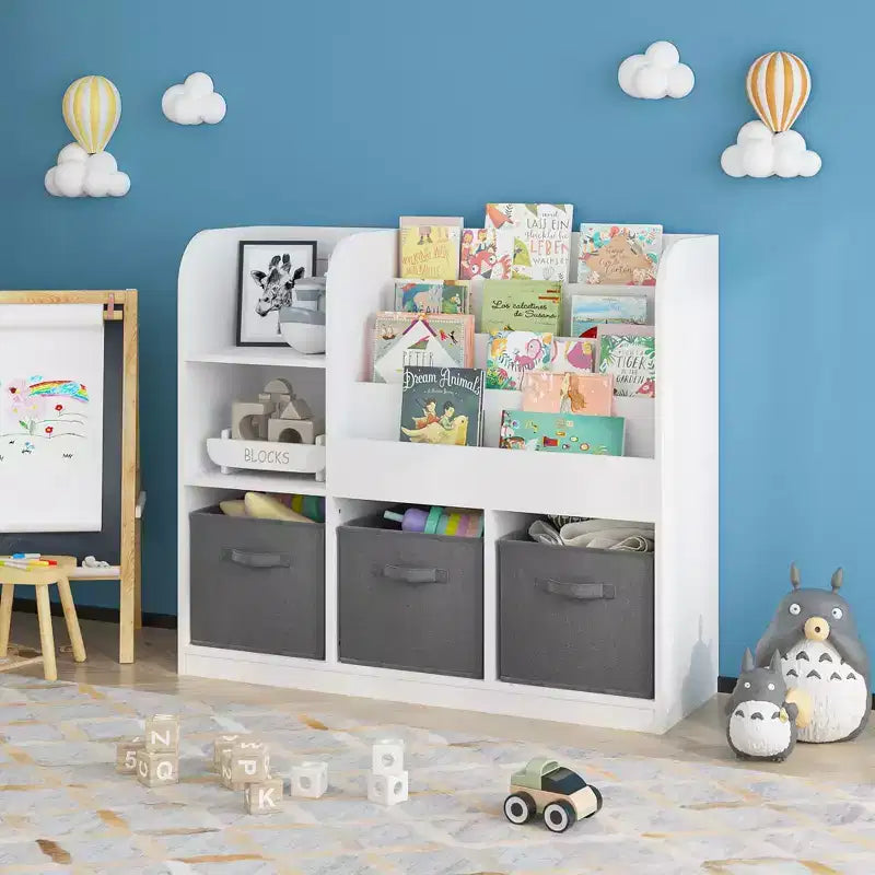 Bibliothèque pour enfants en MDF 92 cm avec 3 tiroirs en tissu et 6 étagères