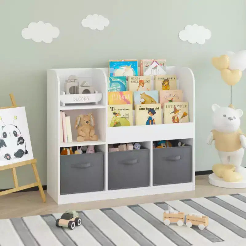 Bibliothèque pour enfants en MDF 92 cm avec 3 tiroirs en tissu et 6 étagères