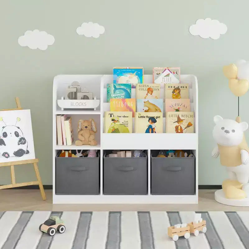 Bibliothèque pour enfants en MDF 92 cm avec 3 tiroirs en tissu et 6 étagères