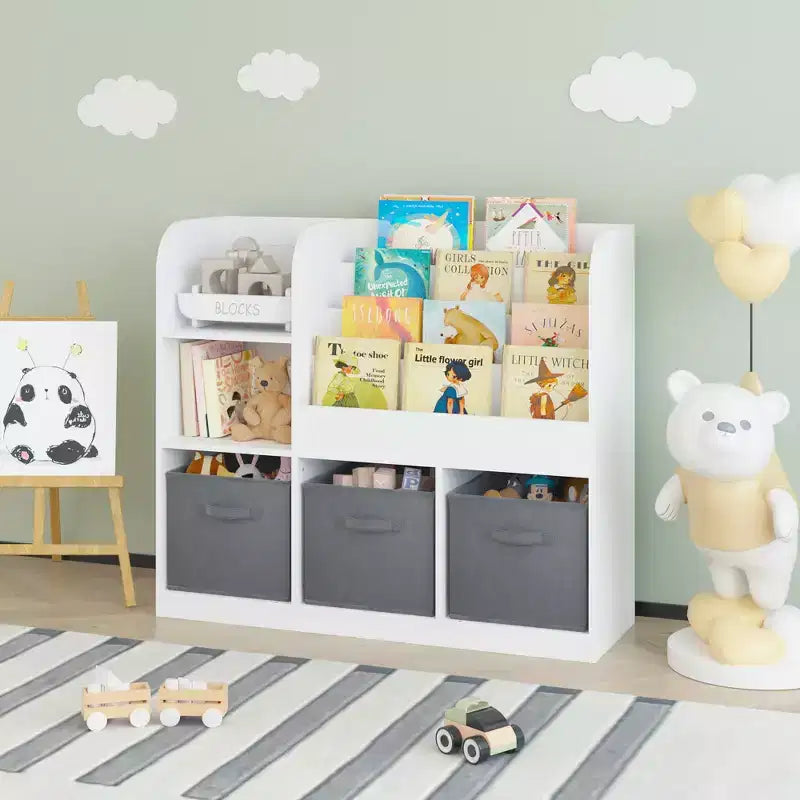 Bibliothèque pour enfants en MDF 92 cm avec 3 tiroirs en tissu et 6 étagères