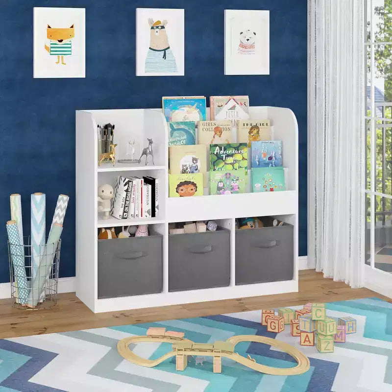Bibliothèque pour enfants en MDF 92 cm avec 3 tiroirs en tissu et 6 étagères