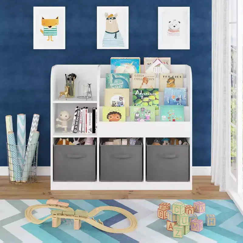 Bibliothèque pour enfants en MDF 92 cm avec 3 tiroirs en tissu et 6 étagères