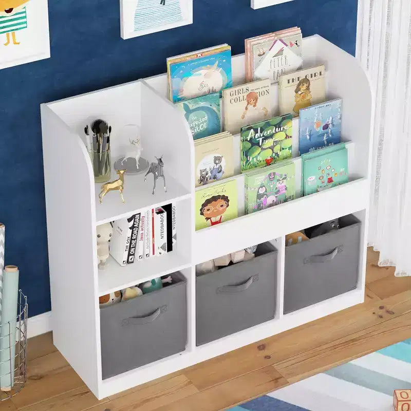 Bibliothèque pour enfants en MDF 92 cm avec 3 tiroirs en tissu et 6 étagères
