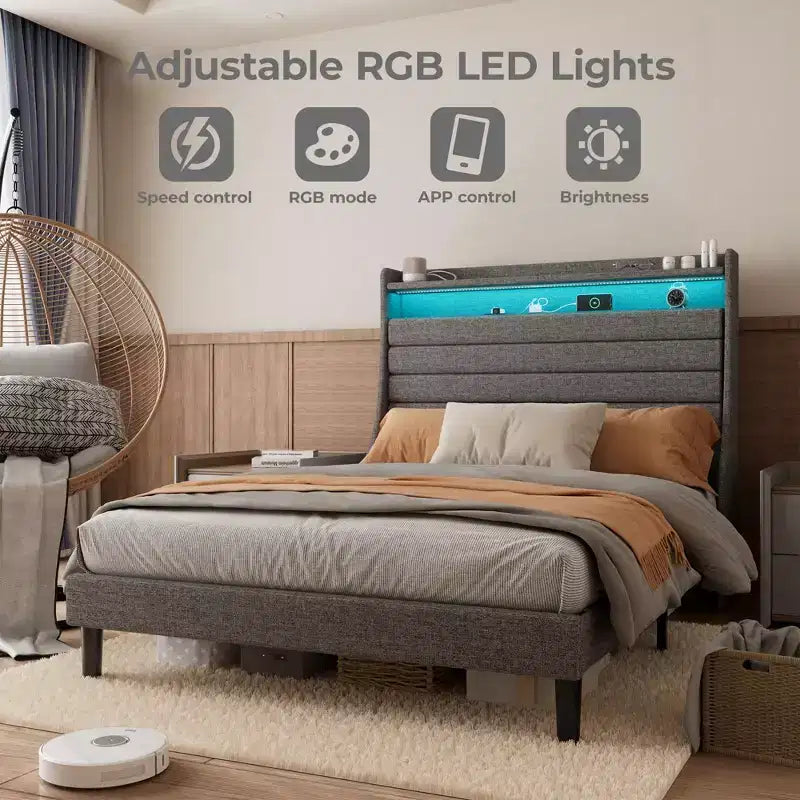 Lit Plateforme en Bois Grand Lit/Très Grand Lit avec Tête de Lit Rembourrée et Lumières DEL