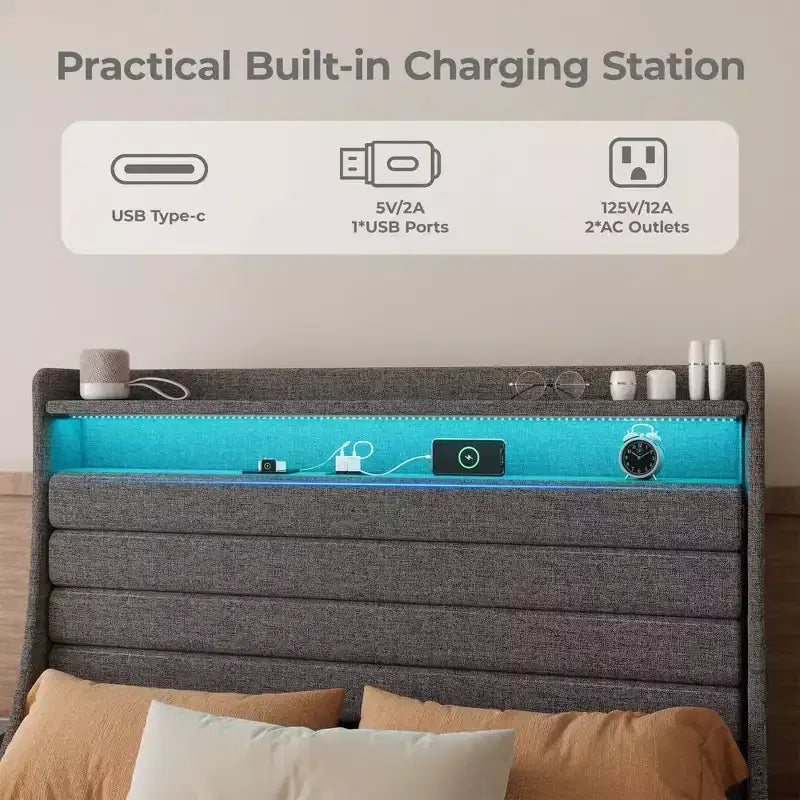 Lit Plateforme en Bois Grand Lit/Très Grand Lit avec Tête de Lit Rembourrée et Lumières DEL