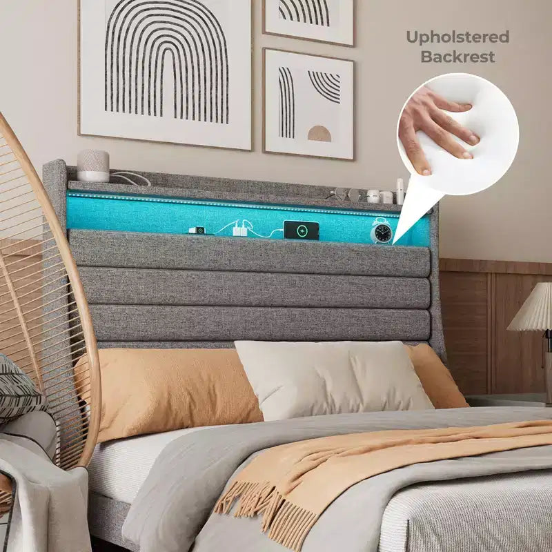 Lit Plateforme en Bois Grand Lit/Très Grand Lit avec Tête de Lit Rembourrée et Lumières DEL