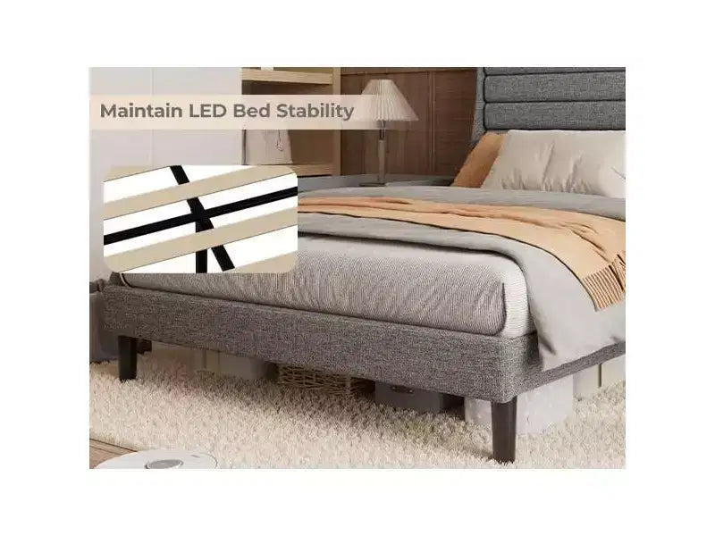 Lit Plateforme en Bois Grand Lit/Très Grand Lit avec Tête de Lit Rembourrée et Lumières DEL