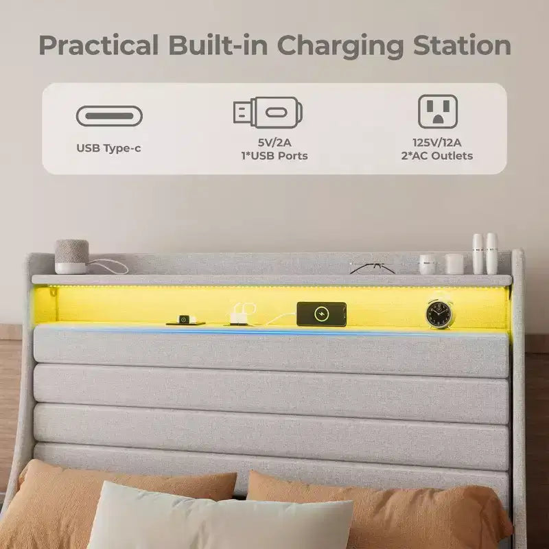Lit Plateforme en Bois Grand Lit/Très Grand Lit avec Tête de Lit Rembourrée et Lumières DEL