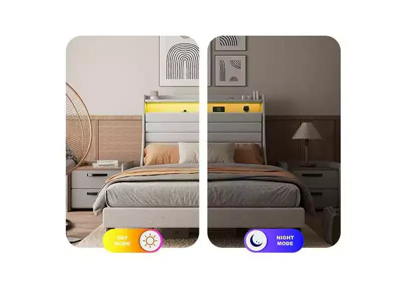 Lit Plateforme en Bois Grand Lit/Très Grand Lit avec Tête de Lit Rembourrée et Lumières DEL