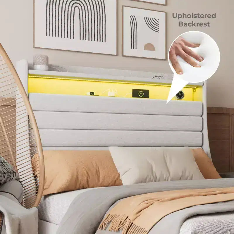 Lit Plateforme en Bois Grand Lit/Très Grand Lit avec Tête de Lit Rembourrée et Lumières DEL