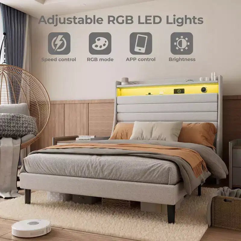 Lit Plateforme en Bois Grand Lit/Très Grand Lit avec Tête de Lit Rembourrée et Lumières DEL