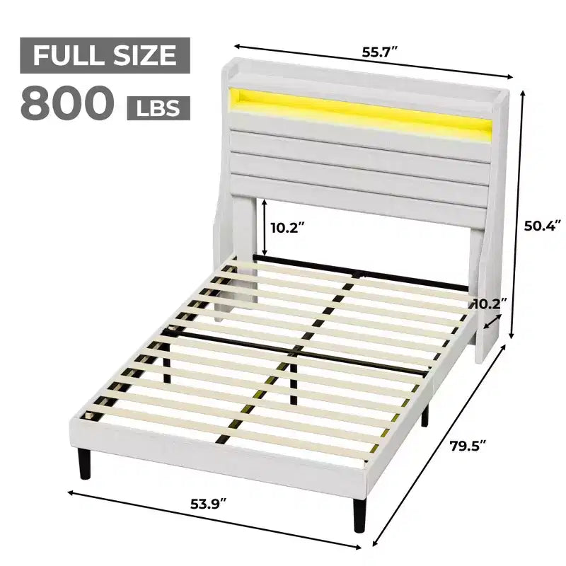 Lit Plateforme en Bois Grand Lit/Très Grand Lit avec Tête de Lit Rembourrée et Lumières DEL