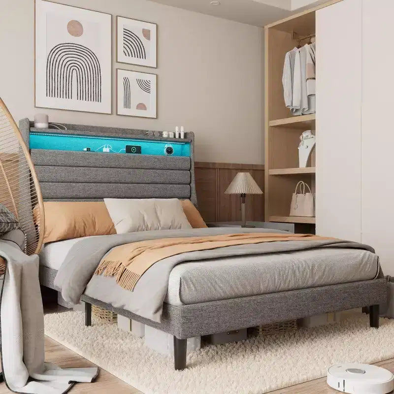 Lit Plateforme en Bois Grand Lit/Très Grand Lit avec Tête de Lit Rembourrée et Lumières DEL