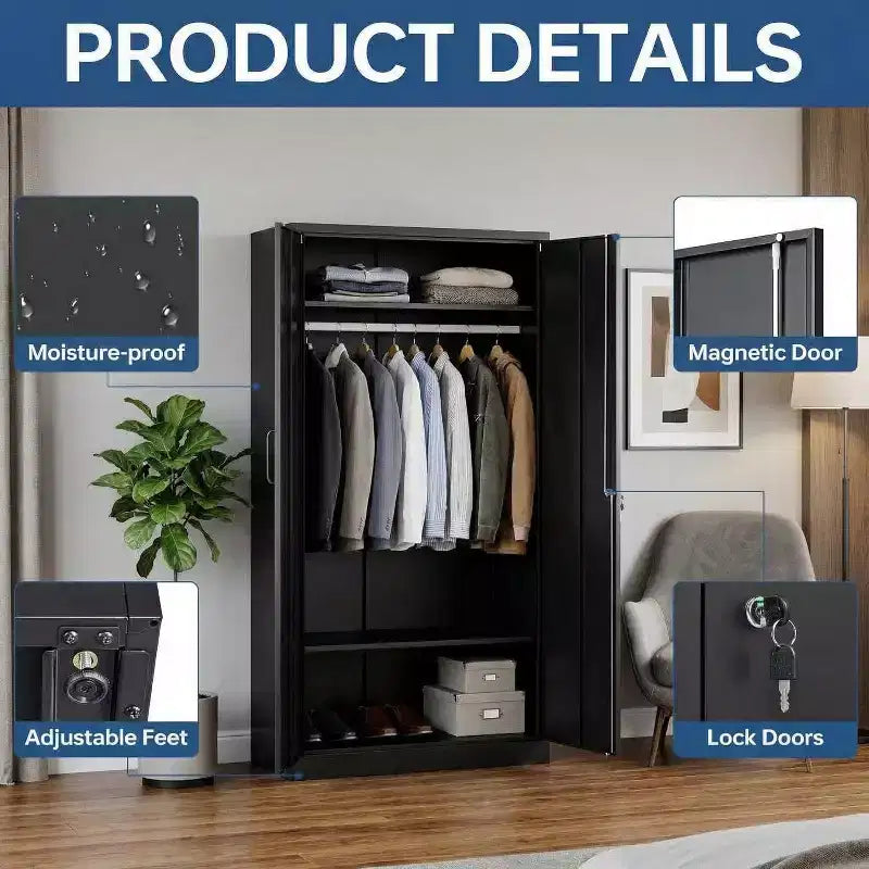Armoire en acier laminé à froid avec 2 étagères et une tringle à vêtements