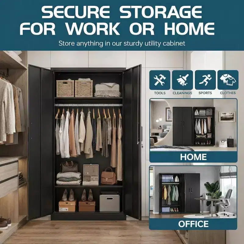 Armoire en acier laminé à froid avec 2 étagères et une tringle à vêtements